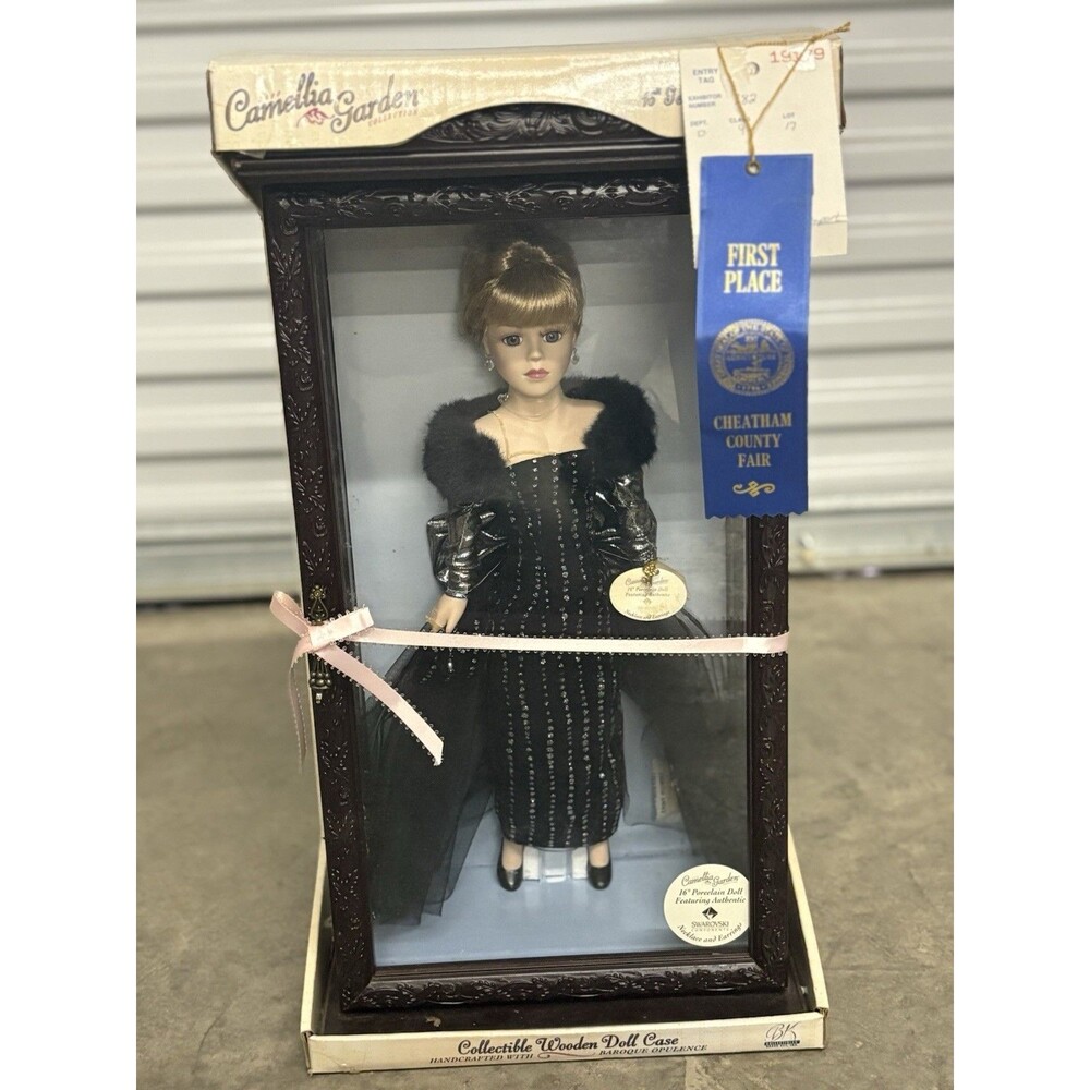 Camellia Garden 16” Porcelain Doll Wooden Display Case Swarovski Jewelry